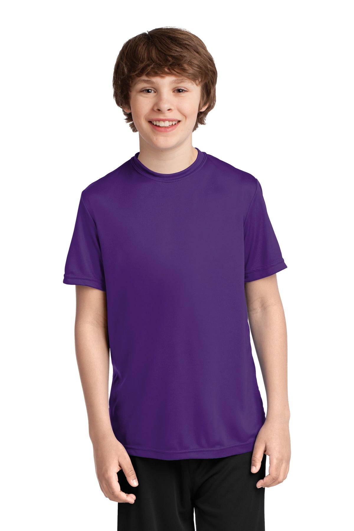 Front View of Team Purple Port & Company Youth Performance Tee. PC380Y