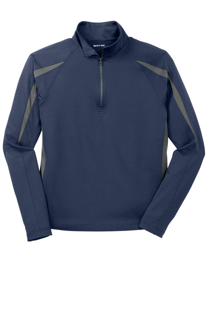Front View of Tr Nvy/Char Gy Sport-Tek Sport-Wick Stretch 1/2-Zip Colorblock Pullover. ST851