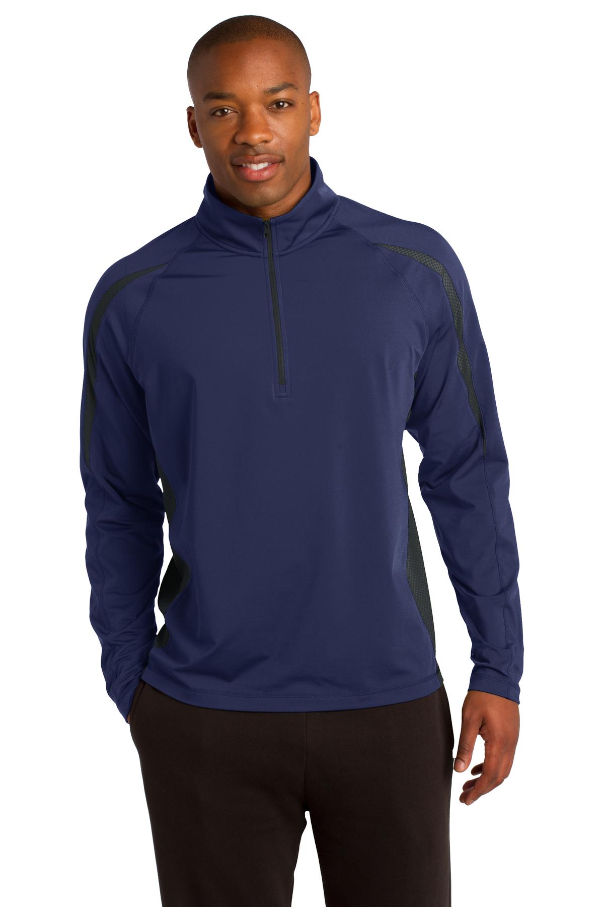 Front View of Tr Nvy/Char Gy Sport-Tek Sport-Wick Stretch 1/2-Zip Colorblock Pullover. ST851