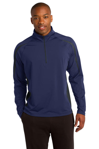 Front View of Tr Nvy/Char Gy Sport-Tek Sport-Wick Stretch 1/2-Zip Colorblock Pullover. ST851