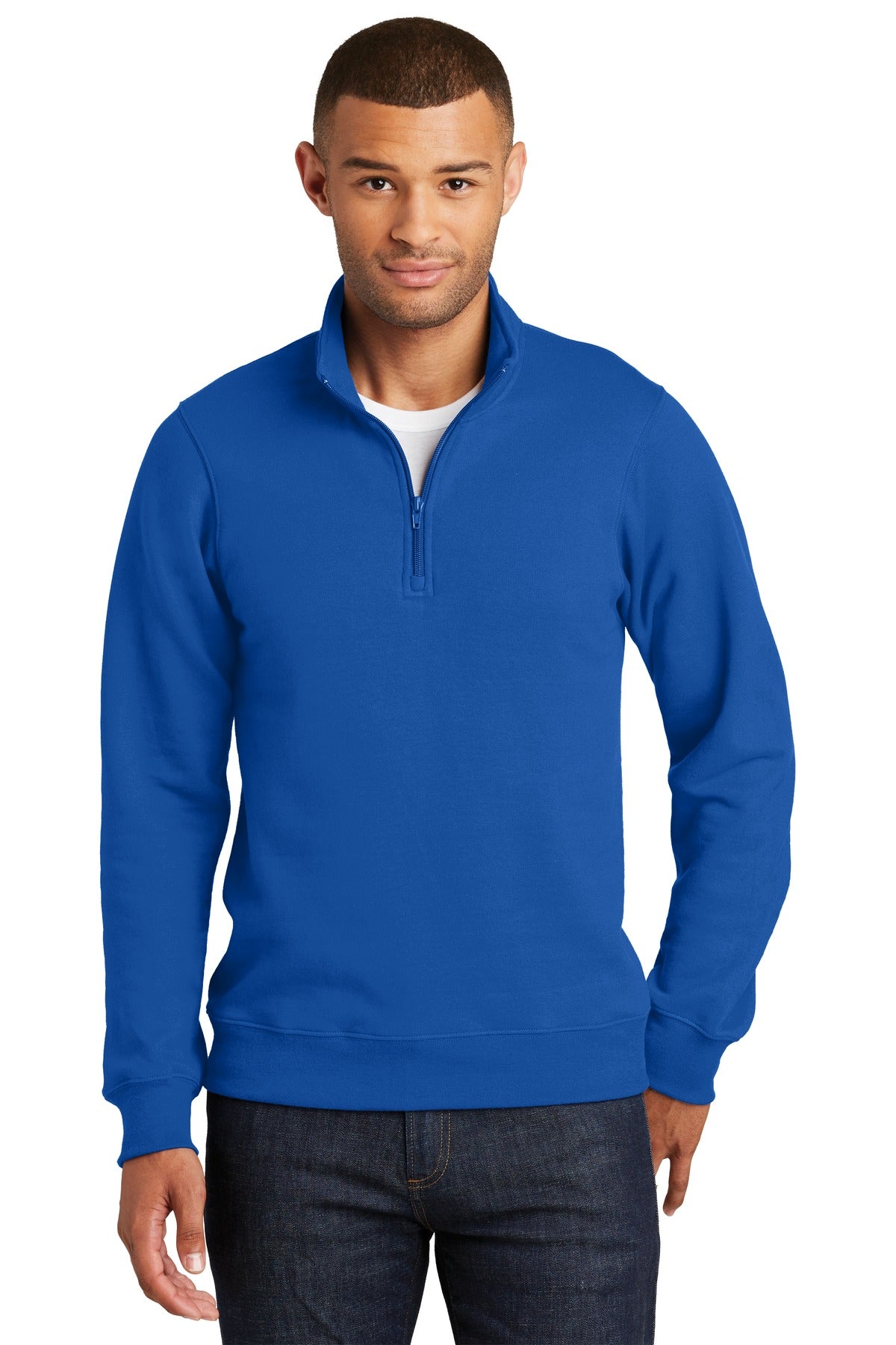 Front View of True Royal Port & Company Fan Favorite Fleece 1/4-Zip Pullover Sweatshirt. PC850Q