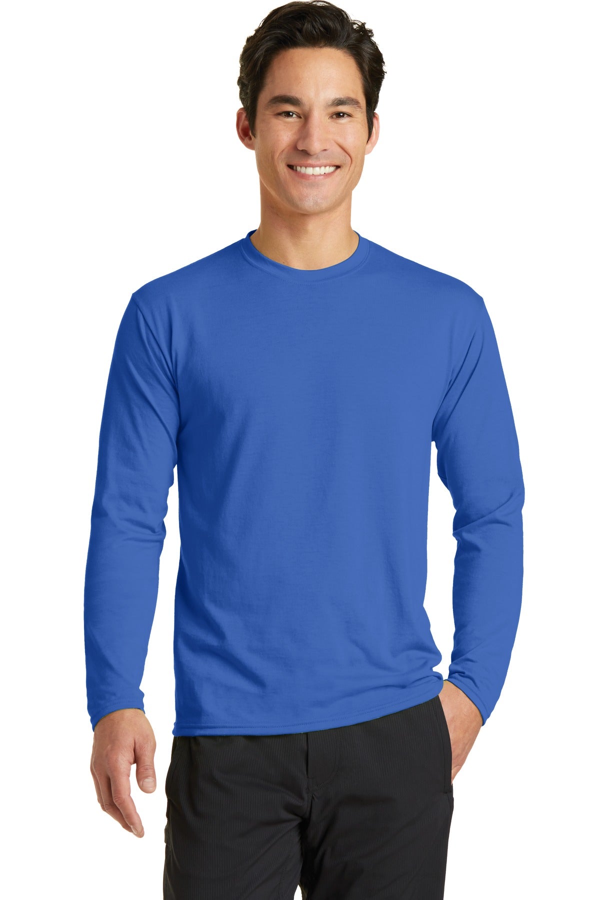 Front View of True Royal Port & Company Long Sleeve Performance Blend Tee. PC381LS