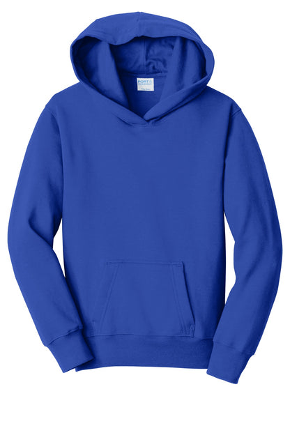 Front View of True Royal Port & Company Youth Fan Favorite Fleece Pullover Hooded Sweatshirt. PC850YH