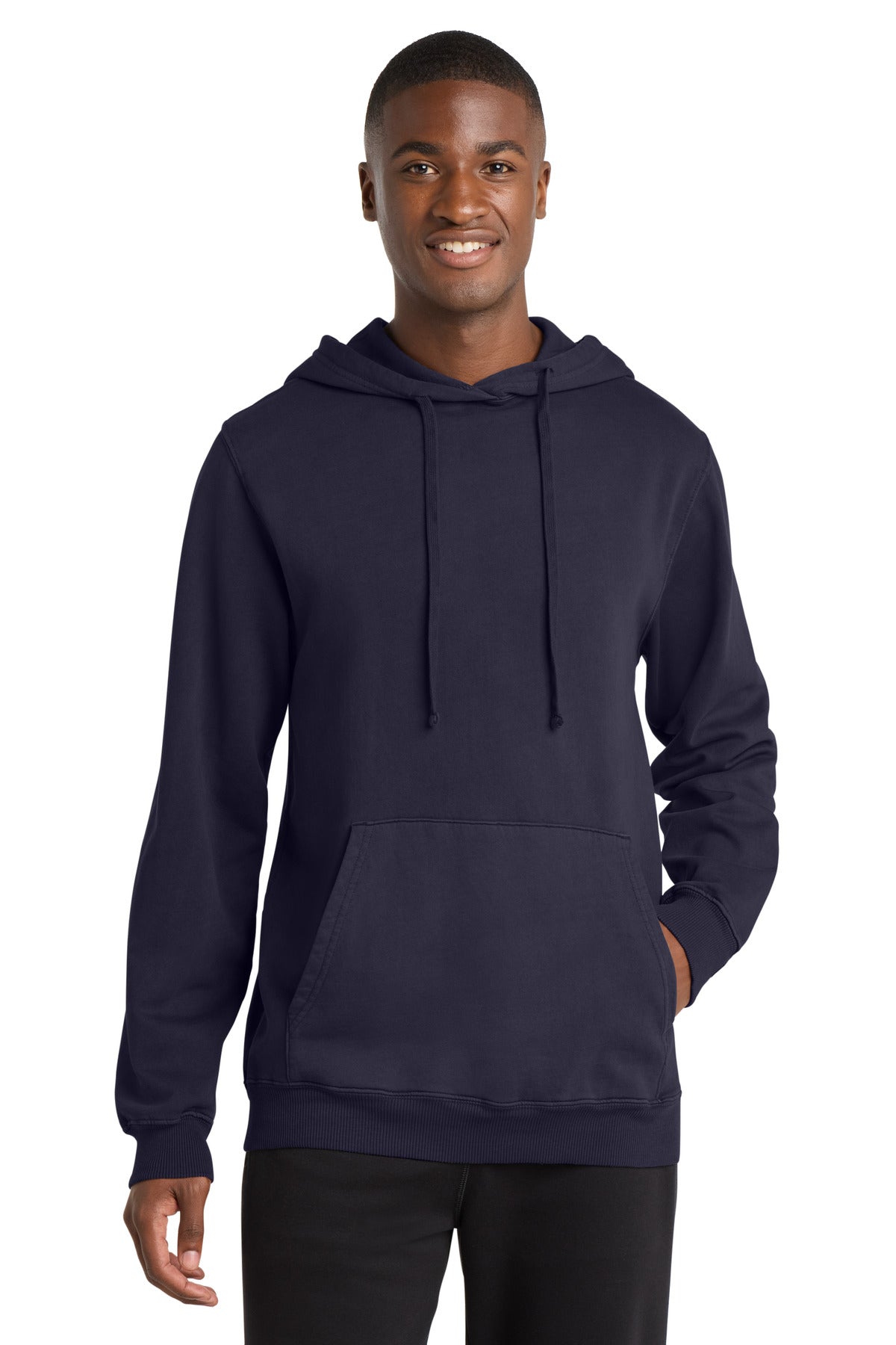 Front View of TrueNavy Port & Company Beach Wash Garment-Dyed Pullover Hooded Sweatshirt. PC098H