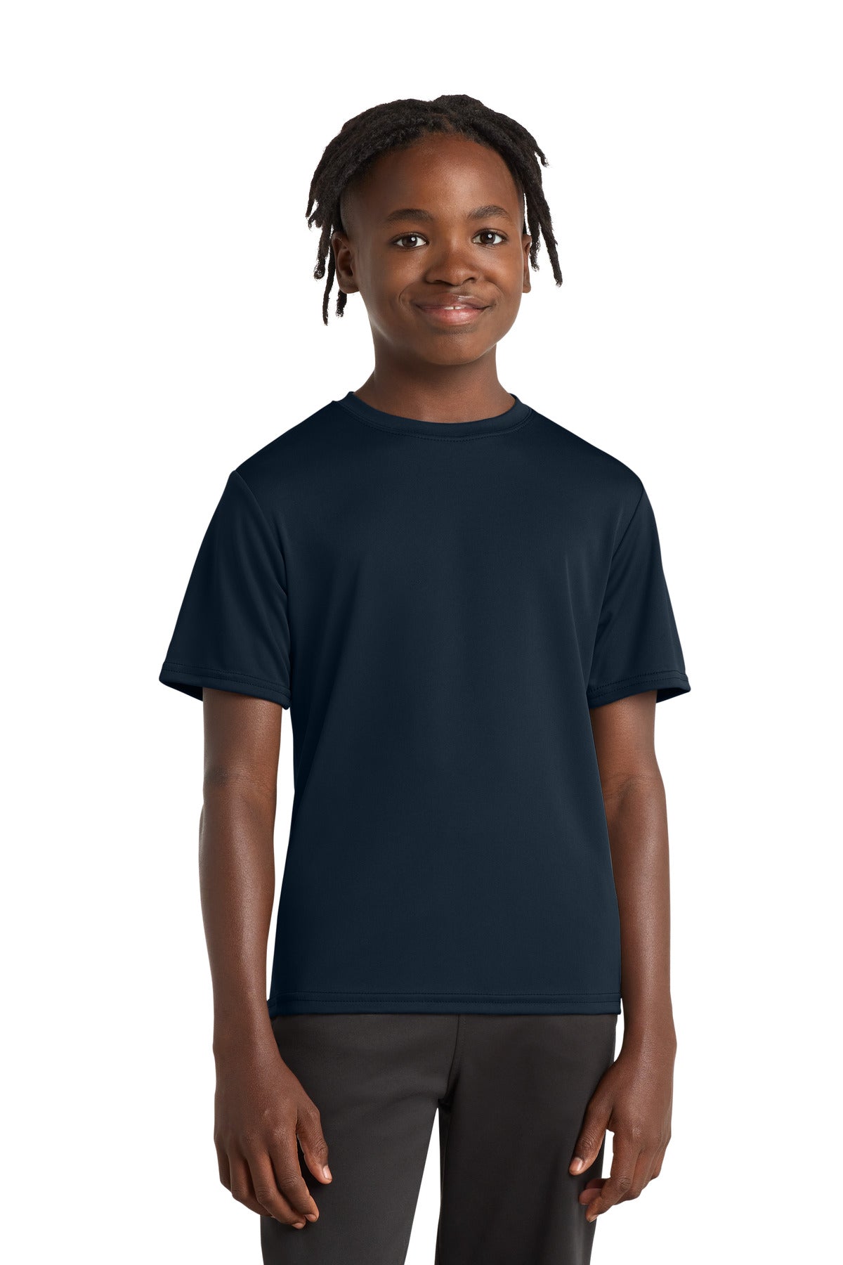 Front View of TrueNavy Port & Company Youth Performance Tee. PC380Y