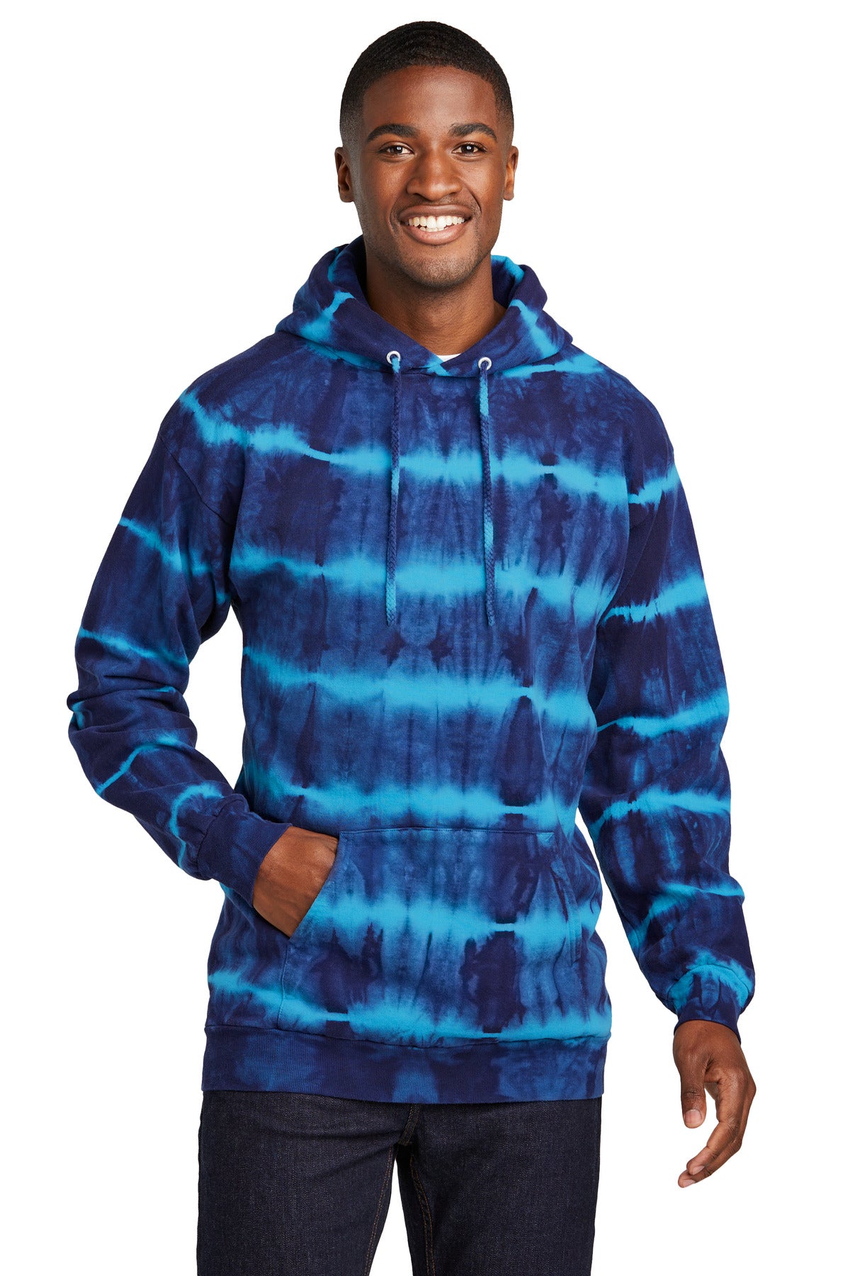 Front View of Turq/TmNvy Port & Company Allover Stripe Tie-Dye Fleece PC143