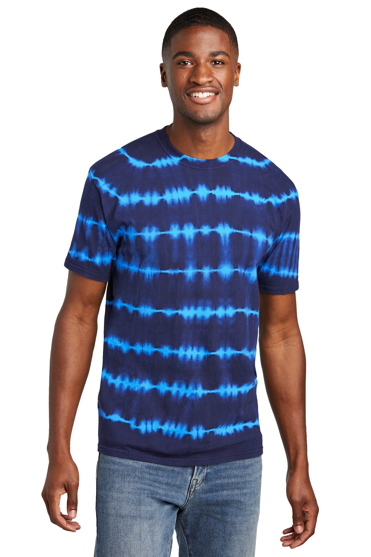 Front View of Turq/TmNvy Port & Company Allover Stripe Tie-Dye Tee PC142