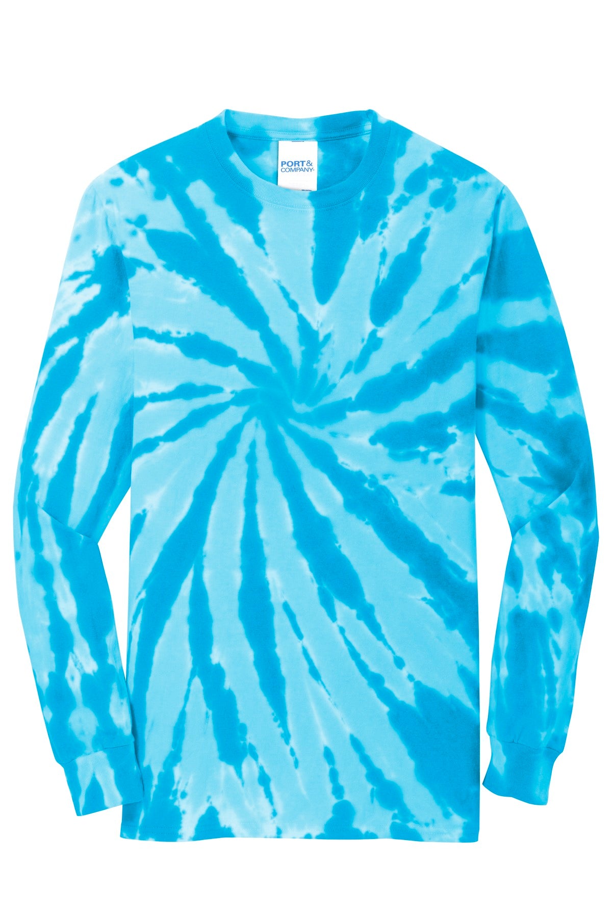 Front View of Turquoise Port & Company Tie-Dye Long Sleeve Tee. PC147LS