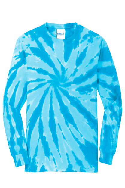 Front View of Turquoise Port & Company Tie-Dye Long Sleeve Tee. PC147LS