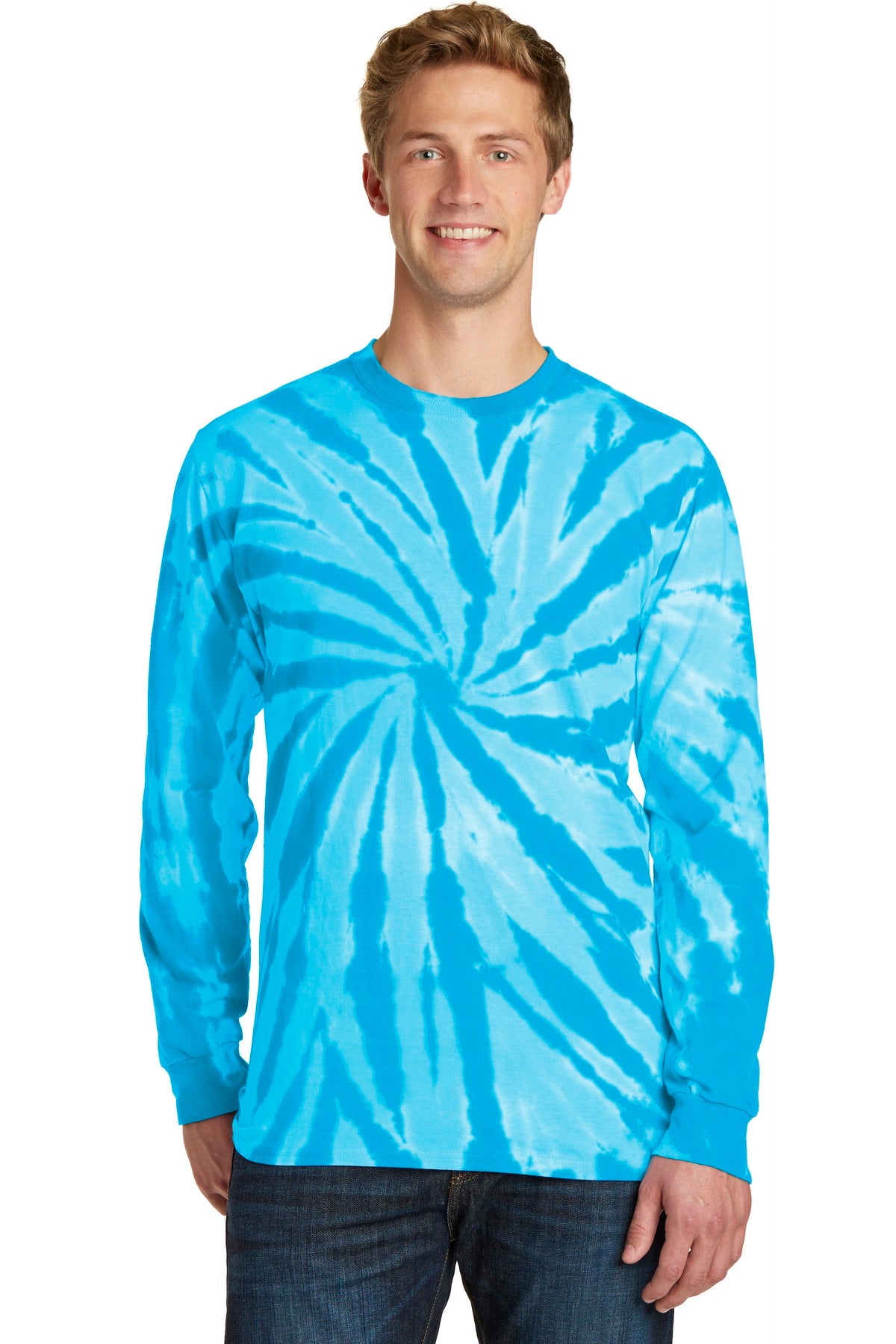Front View of Turquoise Port & Company Tie-Dye Long Sleeve Tee. PC147LS