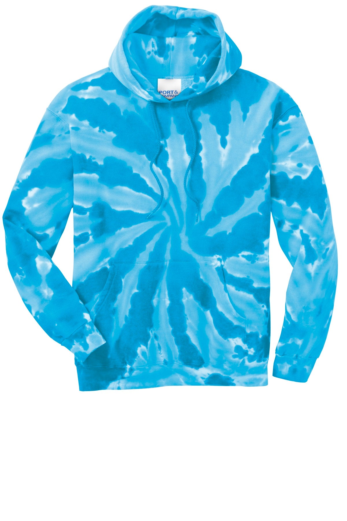 Front View of Turquoise Port & Company Tie-Dye Pullover Hooded Sweatshirt. PC146