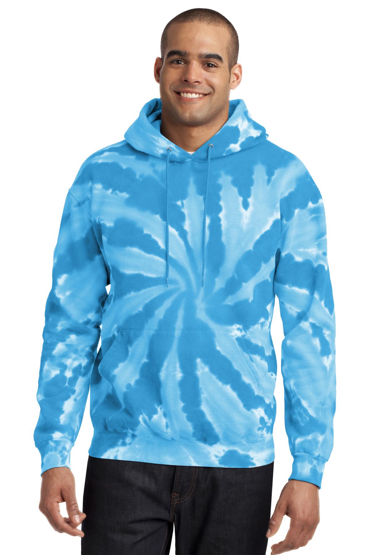 Front View of Turquoise Port & Company Tie-Dye Pullover Hooded Sweatshirt. PC146