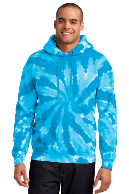 Front View of Turquoise Port & Company Tie-Dye Pullover Hooded Sweatshirt. PC146