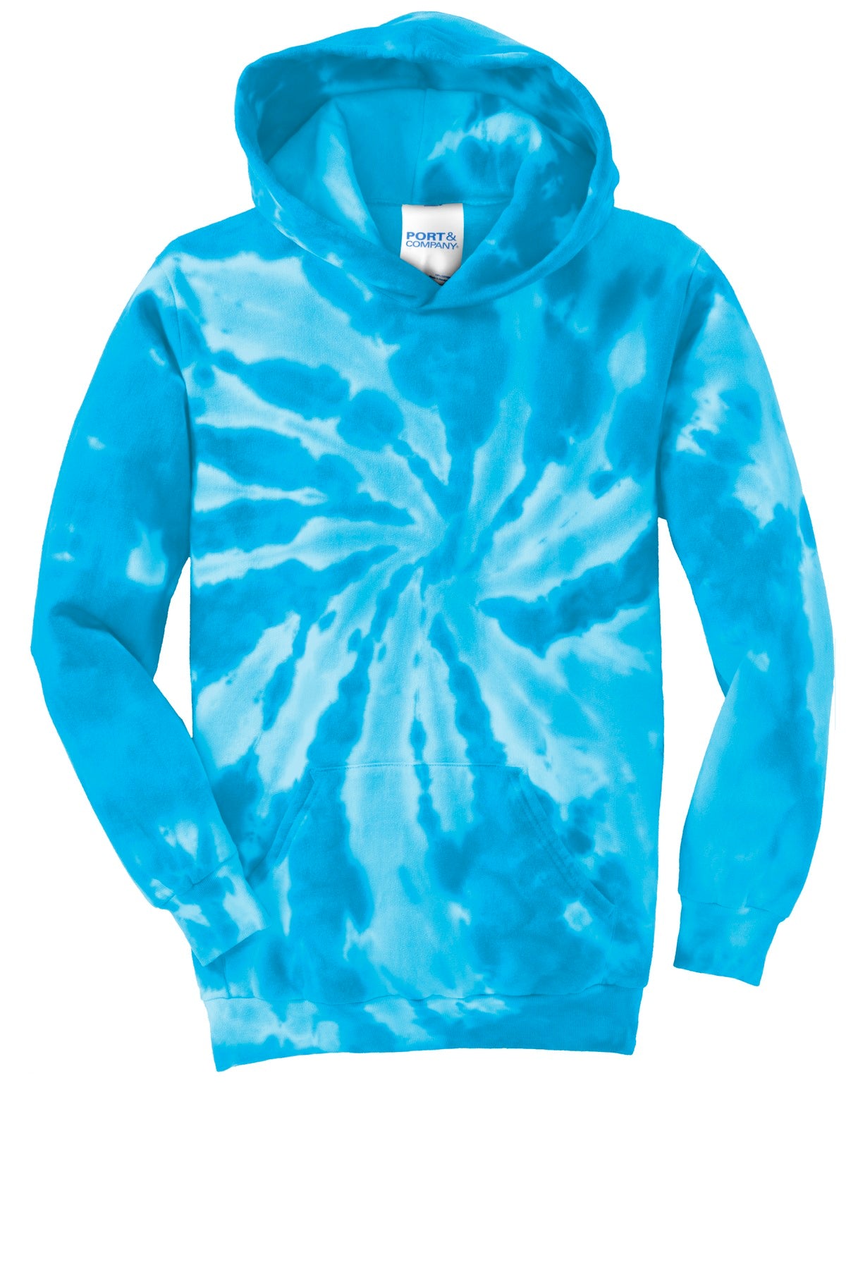 Front View of Turquoise Port & Company Youth Tie-Dye Pullover Hooded Sweatshirt. PC146Y