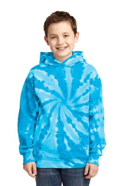 Front View of Turquoise Port & Company Youth Tie-Dye Pullover Hooded Sweatshirt. PC146Y