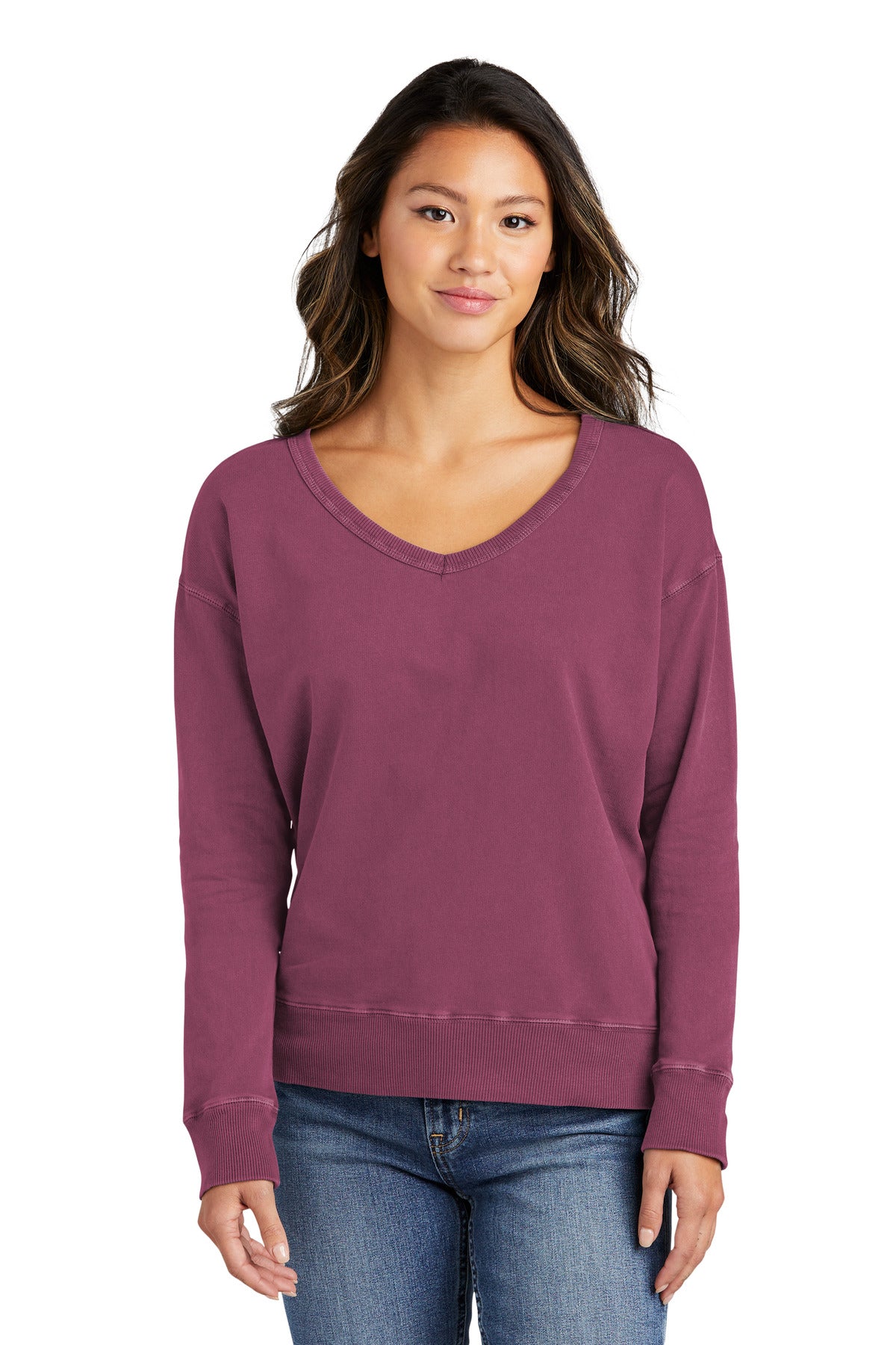 Front View of VtgRaspbry Port & Company Women's Beach Wash Garment-Dyed V-Neck Sweatshirt LPC098V