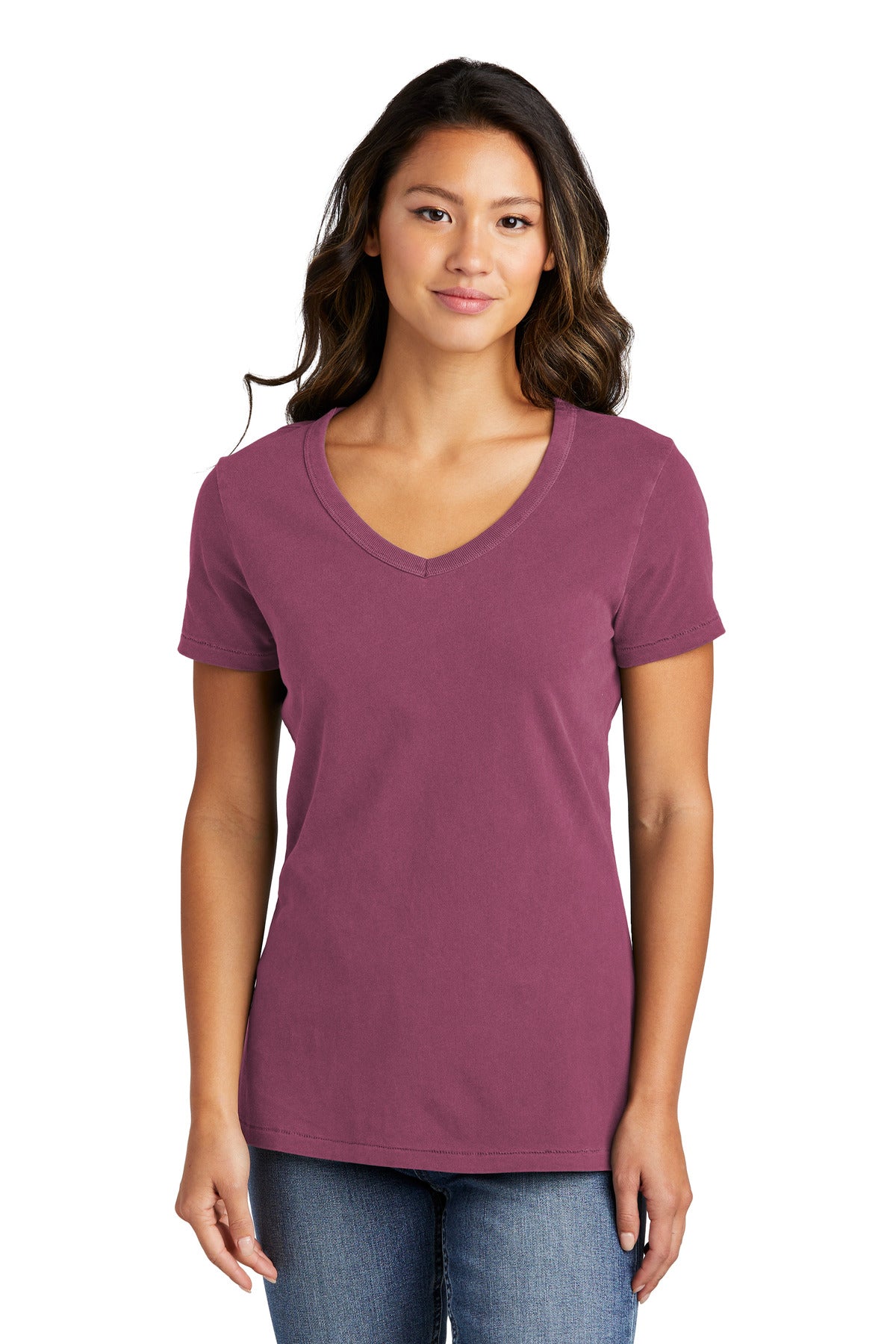 Front View of VtgRaspbry Port & Company Women's Beach Wash Garment-Dyed V-Neck Tee LPC099V