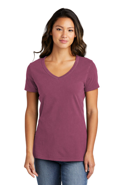 Front View of VtgRaspbry Port & Company Women's Beach Wash Garment-Dyed V-Neck Tee LPC099V