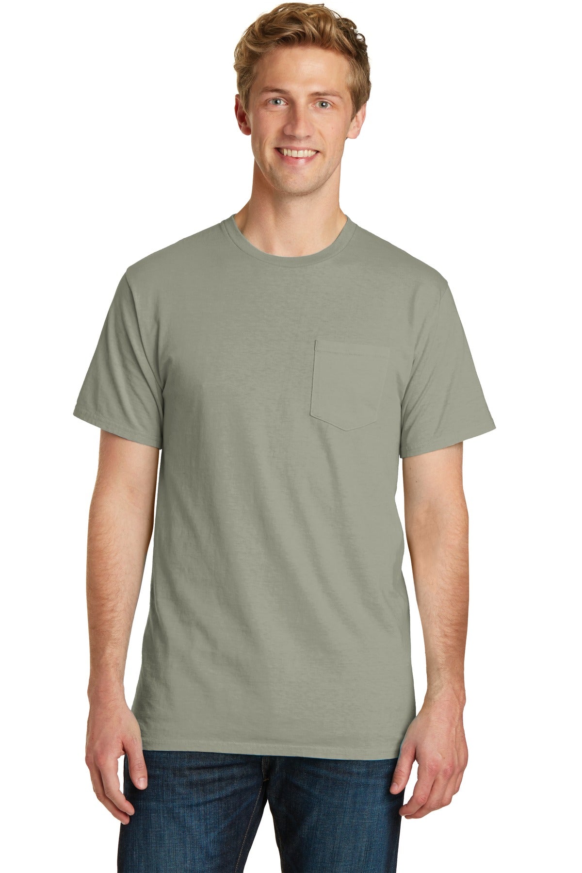 Front View of Walnut Port & Company Beach Wash Garment-Dyed Pocket Tee. PC099P