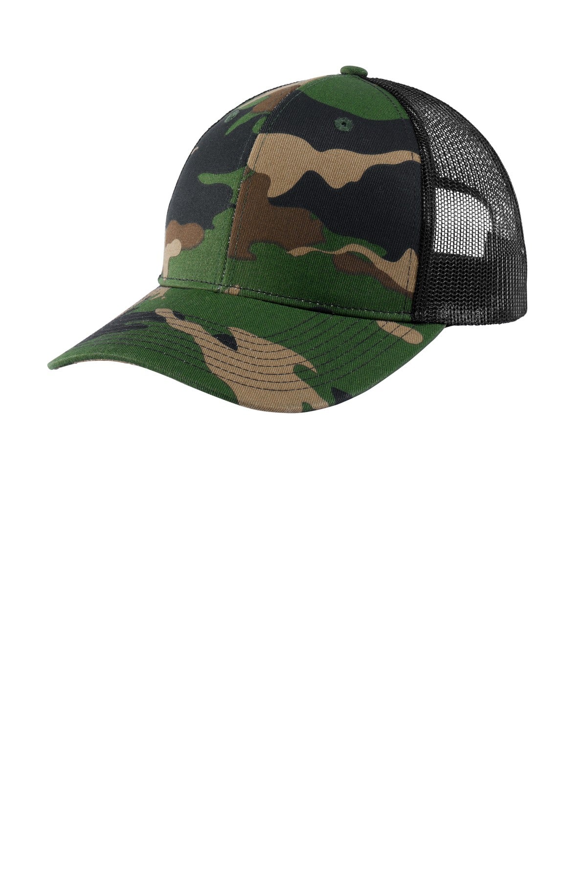 Front View of Wdlnd Camo/Blk Port Authority Snapback Trucker Cap. C112