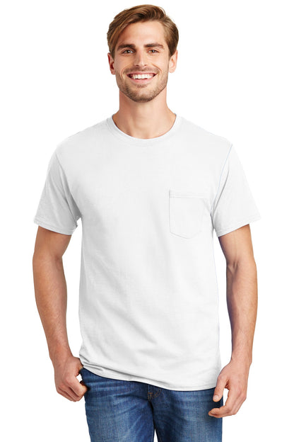 Front View of White Hanes - Authentic 100% Cotton T-Shirt with Pocket. 5590