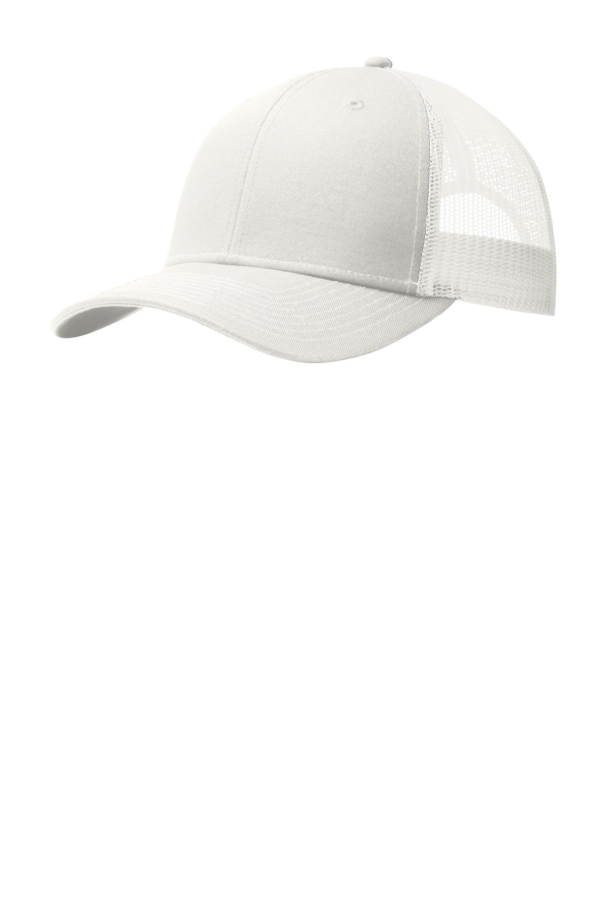 Front View of White Port Authority Snapback Trucker Cap. C112
