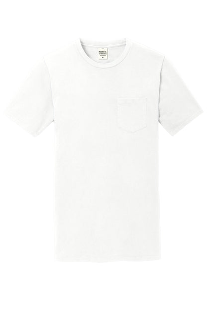 Front View of White Port & Company Beach Wash Garment-Dyed Pocket Tee. PC099P