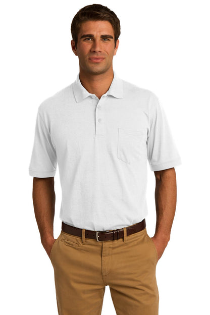 Front View of White Port & Company Core Blend Jersey Knit Pocket Polo. KP55P