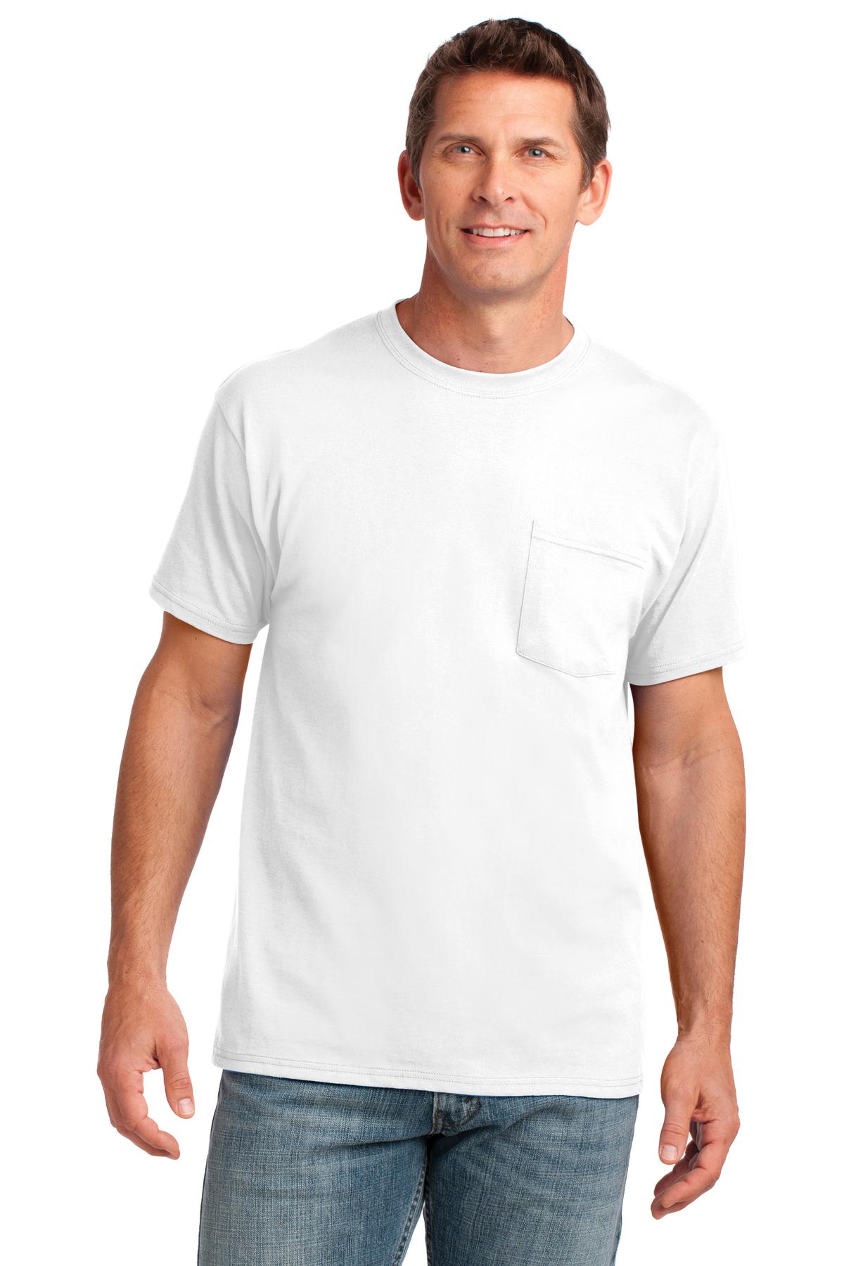 Front View of White Port & Company Core Cotton Pocket Tee. PC54P
