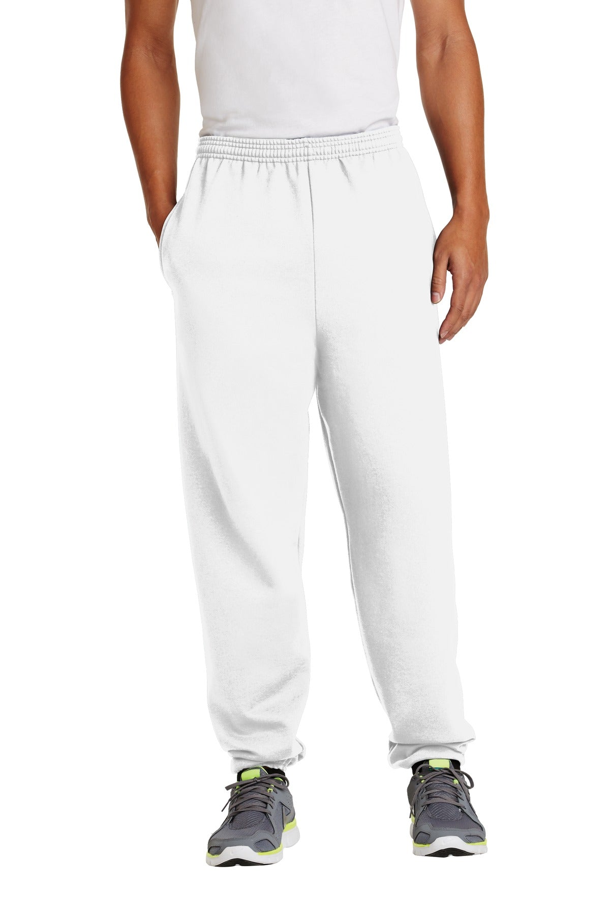 Front View of White Port & Company - Essential Fleece Sweatpant with Pockets. PC90P