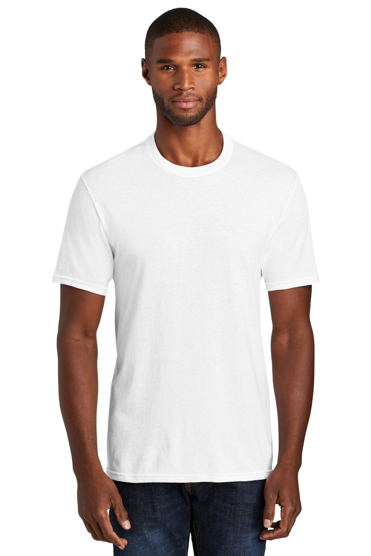 Front View of White Port & Company Fan Favorite Blend Tee. PC455
