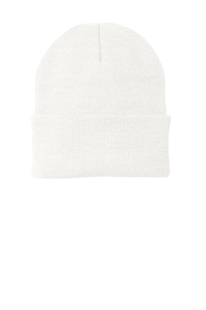 Front View of White Port & Company Knit Cap. CP90