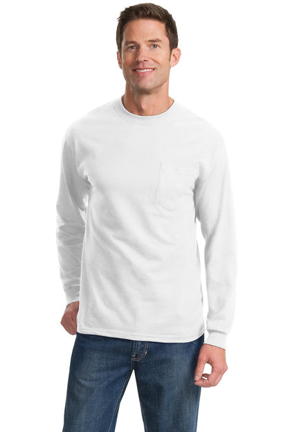 Front View of White Port & Company Long Sleeve Essential Pocket Tee. PC61LSP