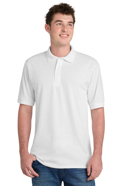 Front View of White Port & Company Tall Core Blend Jersey Knit Polo. KP55T