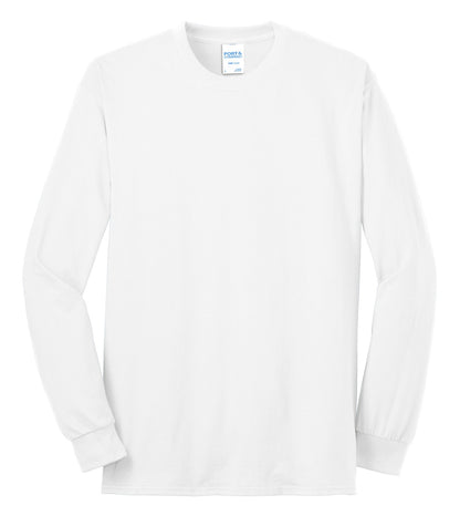 Front View of White Port & Company Tall Long Sleeve Core Blend Tee. PC55LST