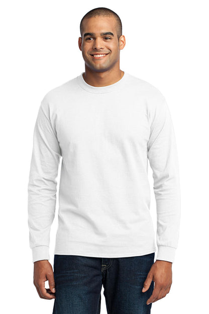 Front View of White Port & Company Tall Long Sleeve Core Blend Tee. PC55LST