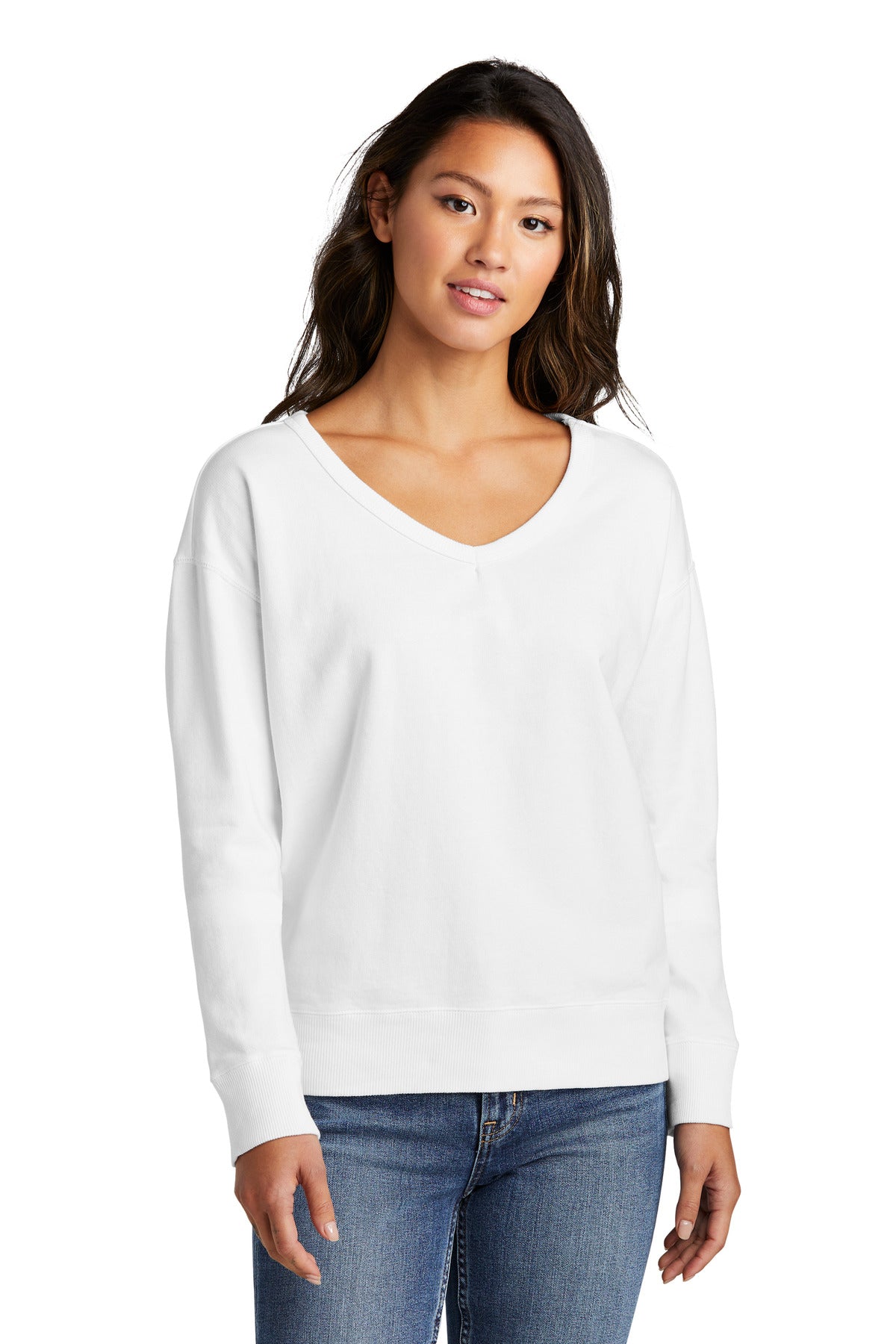 Front View of White Port & Company Women's Beach Wash Garment-Dyed V-Neck Sweatshirt LPC098V