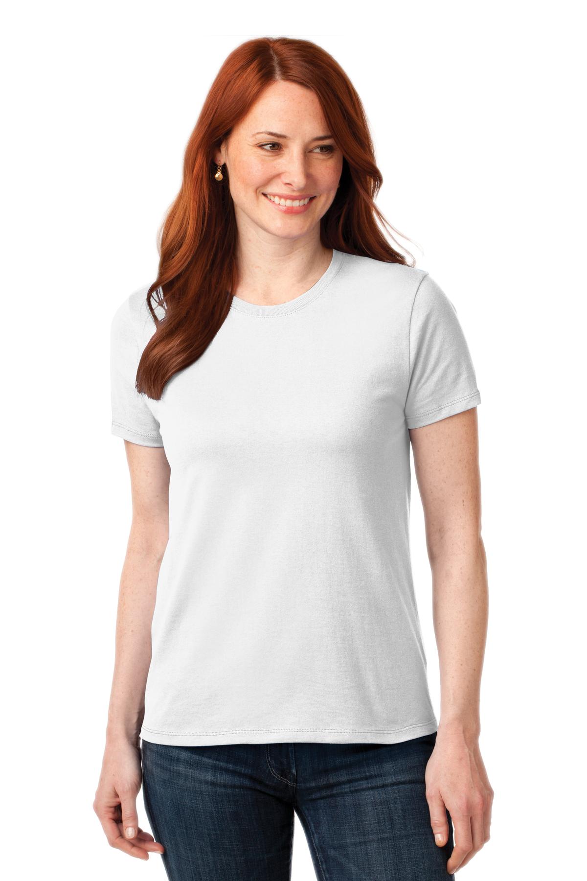 Front View of White Port & Company Women's Core Blend Tee. LPC55