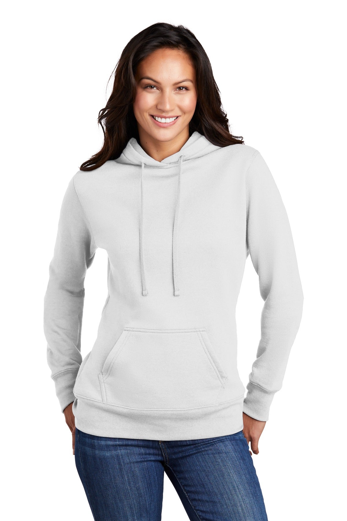 Front View of White Port & Company Women's Core Fleece Pullover Hooded Sweatshirt LPC78H