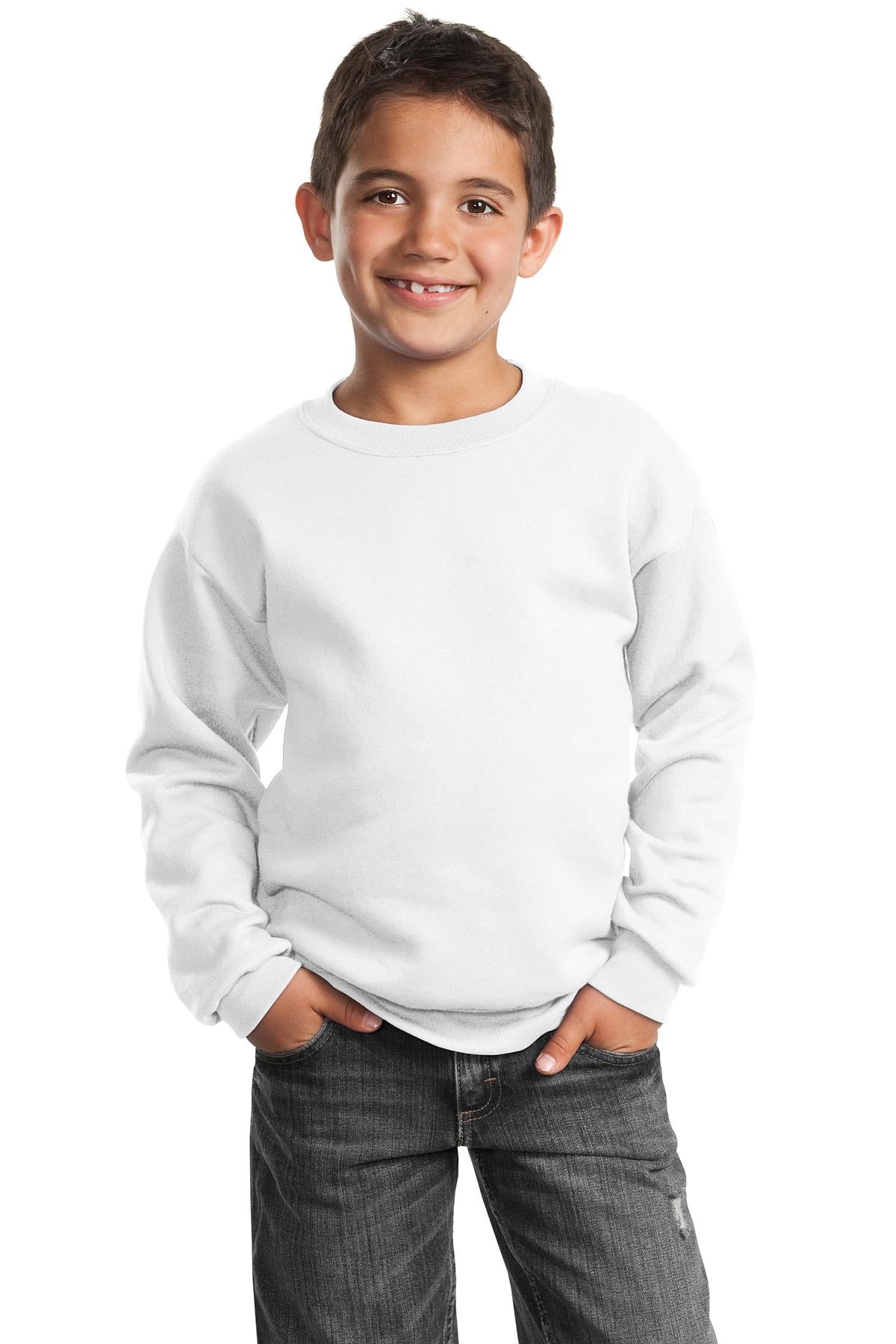 Front View of White Port & Company Youth Core Fleece Crewneck Sweatshirt. PC90Y