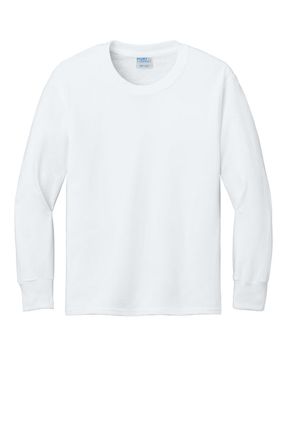 Front View of White Port & Company Youth Long Sleeve Core Cotton Tee. PC54YLS