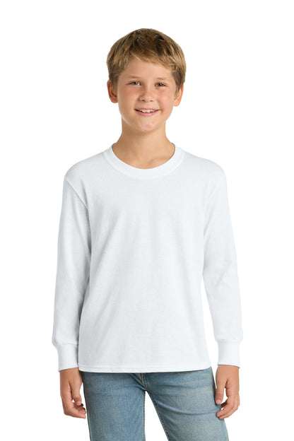 Front View of White Port & Company Youth Long Sleeve Core Cotton Tee. PC54YLS