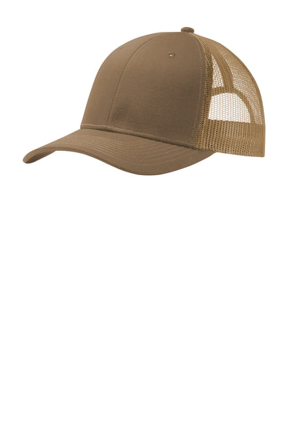 Front View of Woodland Brown Port Authority Snapback Trucker Cap. C112