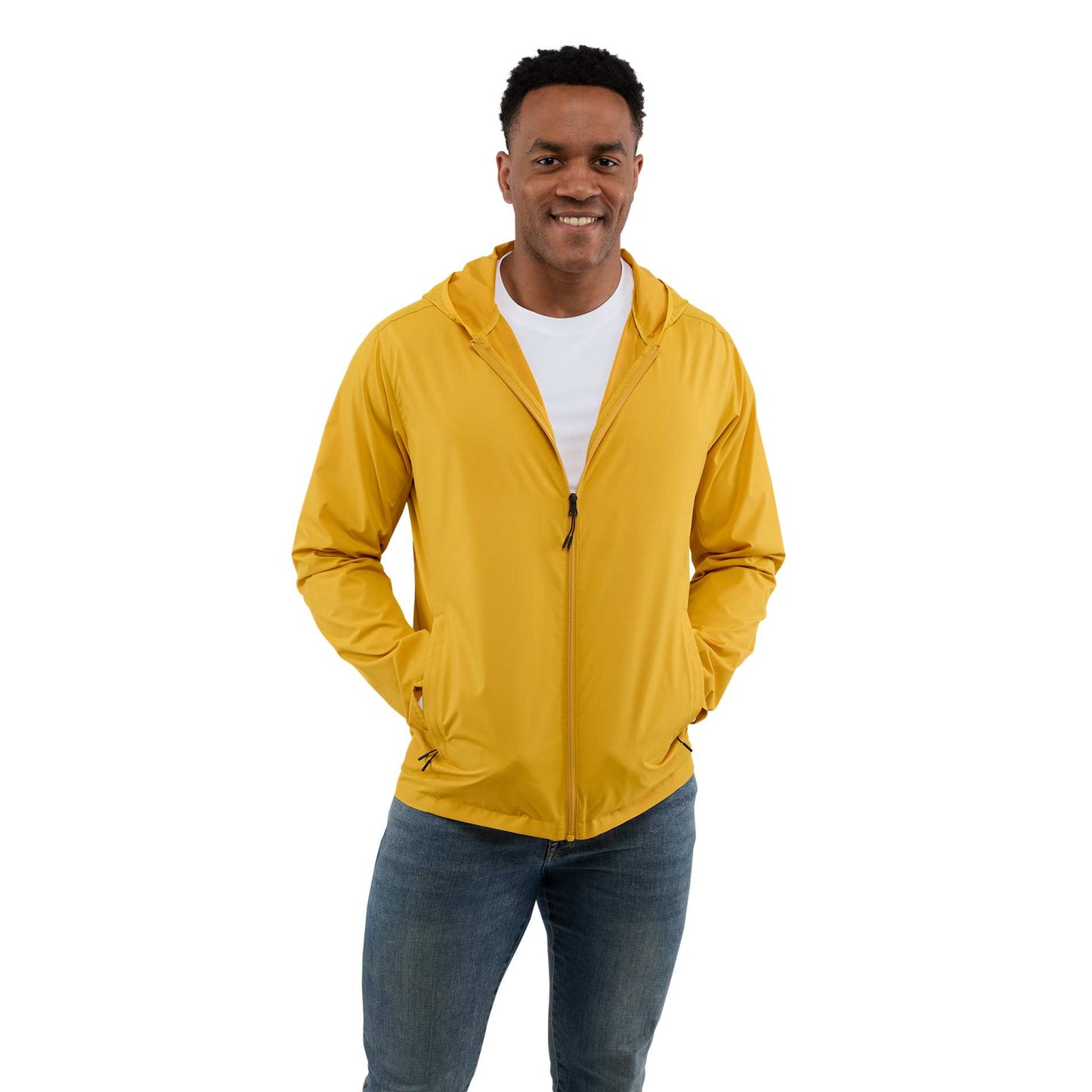 Front View of Yellow ANETO Lightweight Packable Jacket - Men's plain
