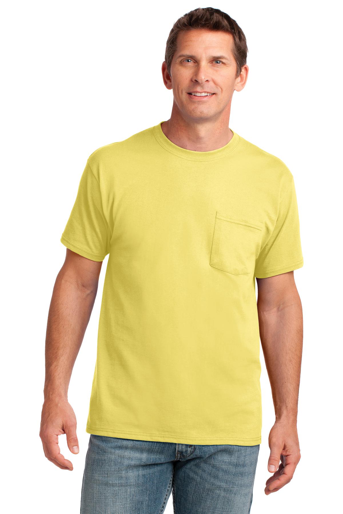 Front View of Yellow Port & Company Core Cotton Pocket Tee. PC54P