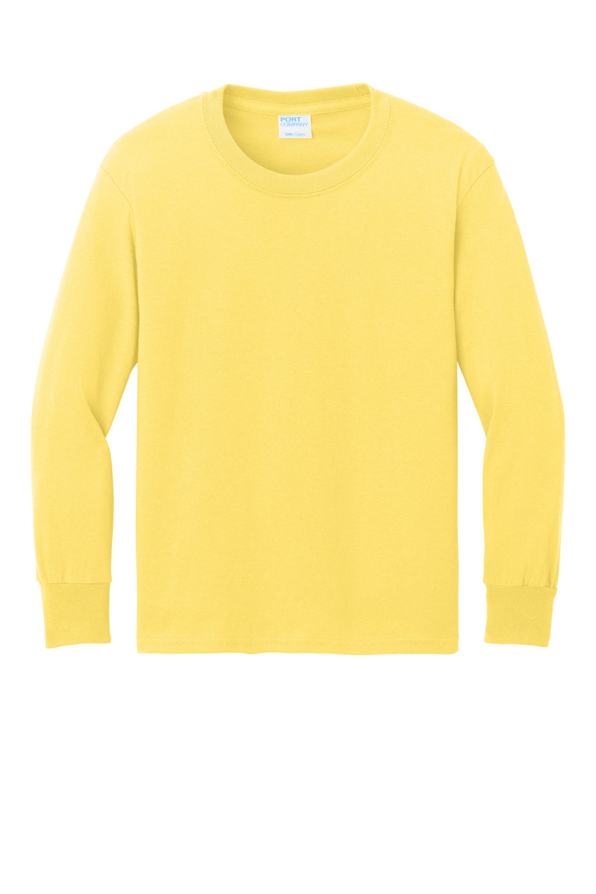 Front View of Yellow Port & Company Youth Long Sleeve Core Cotton Tee. PC54YLS