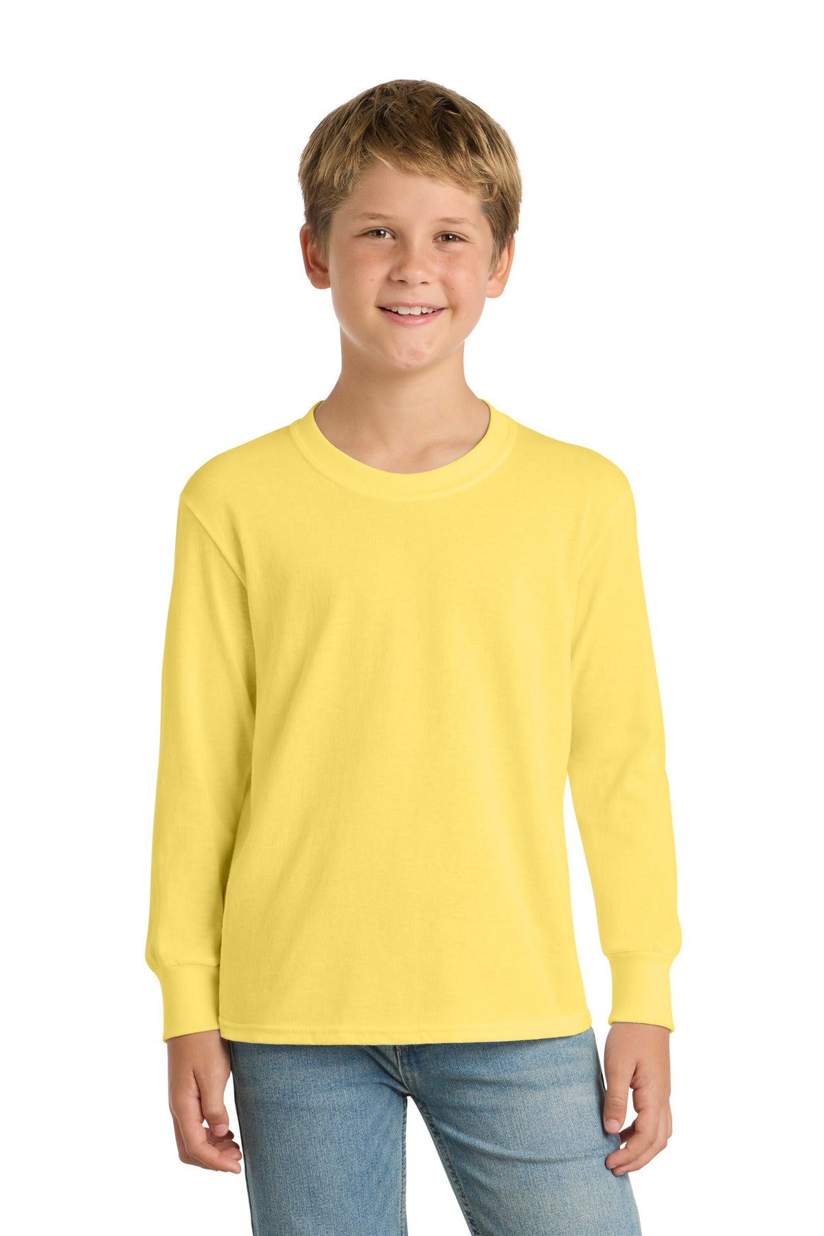 Front View of Yellow Port & Company Youth Long Sleeve Core Cotton Tee. PC54YLS