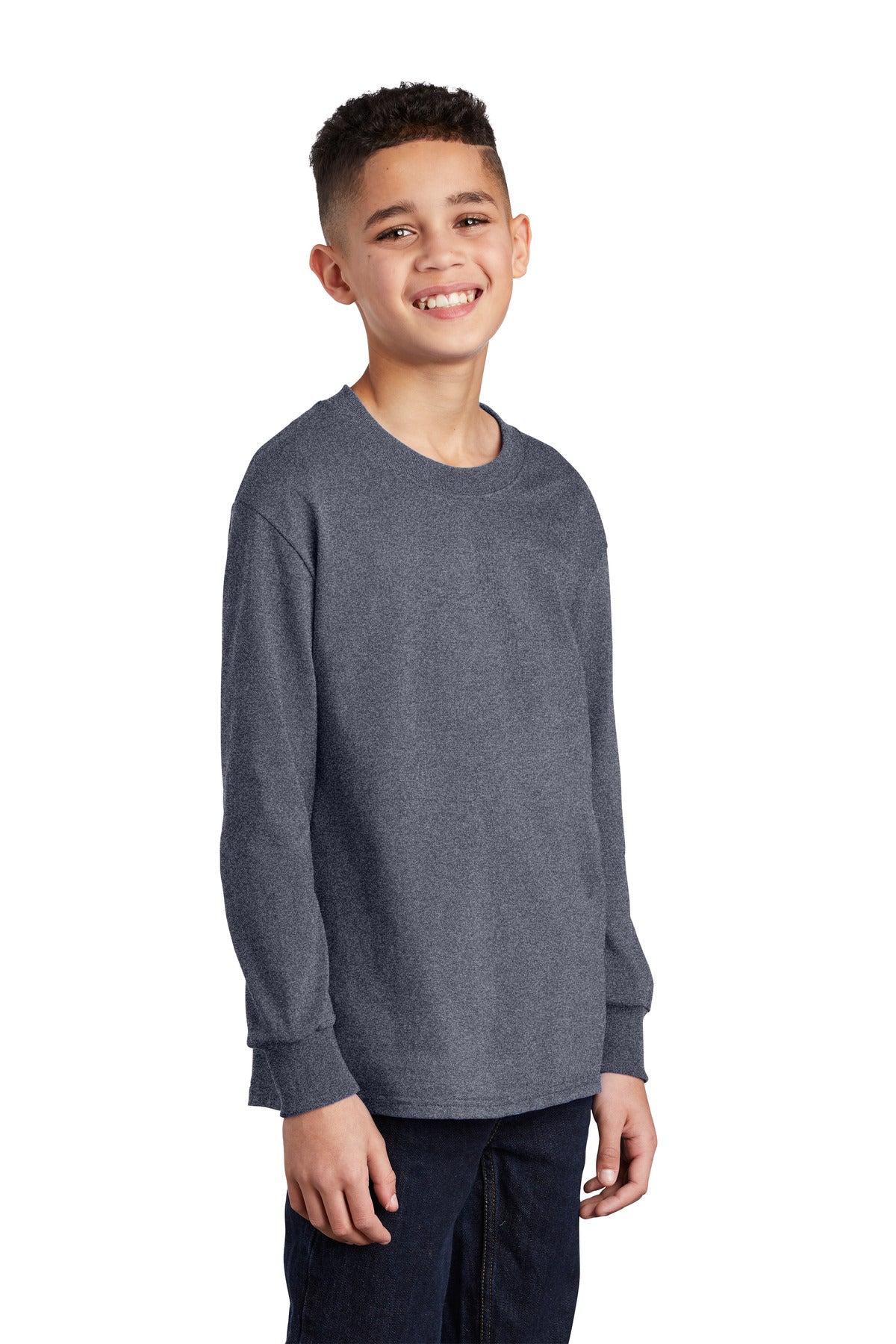 Heather Navy Port & Company Youth Long Sleeve Core Cotton Tee. PC54YLS