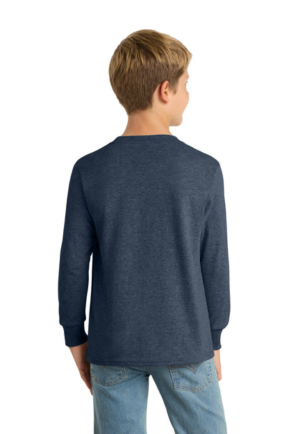 Heather Navy Port & Company Youth Long Sleeve Core Cotton Tee. PC54YLS
