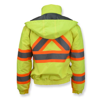 SJ11QX-3 Class 3 X-Back High Visibility Quilted Bomber Jacket with Hood - Hi Vis Lime - 2X